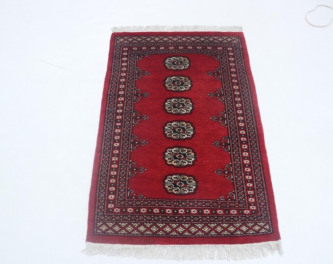 2.7X 3.11 ft Red Geomatrical Handmade Runner, Mori Bokhara Cotton and Wool