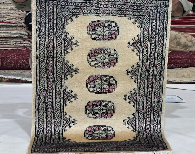 2 X 3 ft Beige Geometrical Handmade, Mori Bokhara Cotton and Wool