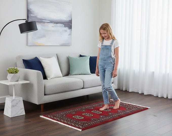 2.1 X 3.0 ft Red Geomatrical Handmade, Mori Bokhara Cotton and Wool