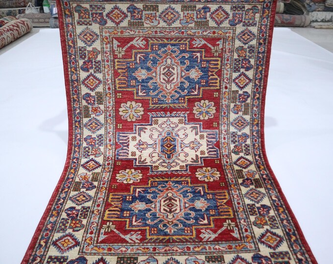 3x4 Red Wool Kazak Rug – Afghan Geometric Handmade Area Rug