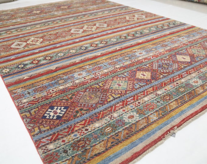 7x10 Afghan Tribal Wool Rug – Handwoven Striped Geometric Area Rug