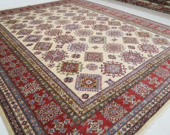 Beige Kazak Rug 8x10 – Hand-Knotted Afghan Wool Rug, Geometric Design
