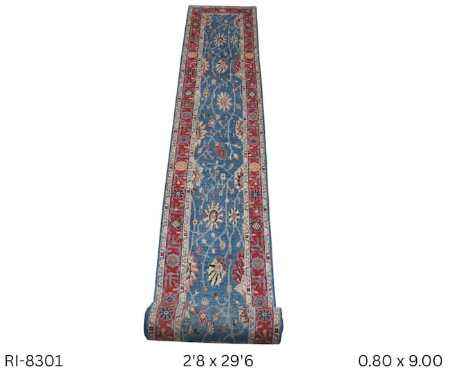 3 X 29 ft Blue and Red Floral Handmade Runner, Chobi Cotton and Wool