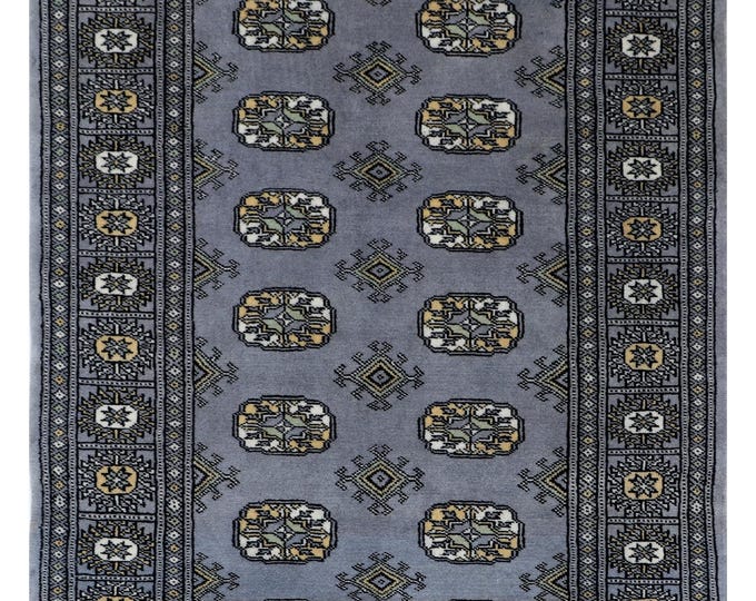 3 X 5 ft Gray Geometrical Handmade , Mori Bokhara Cotton and Wool