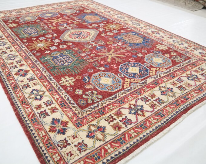 6x8 Afghan Red Chobi Rug – Handmade Wool, Geometric Design