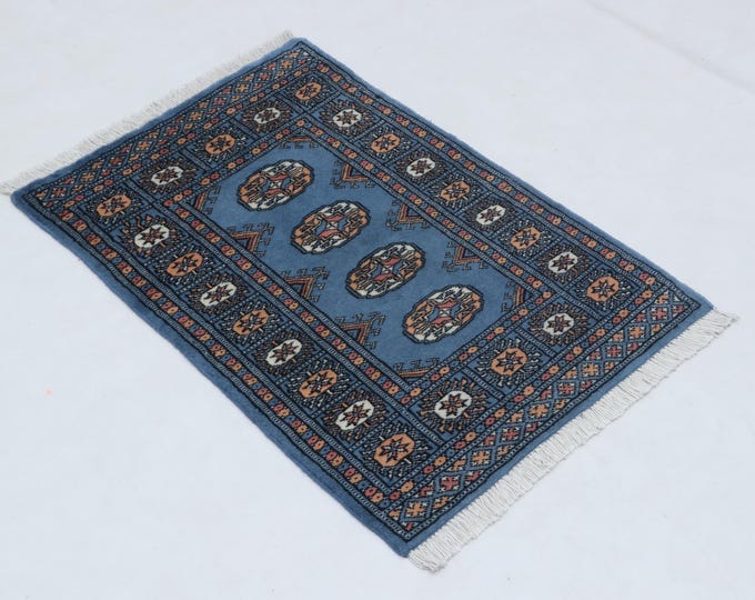 2.1 X 3.1 ft Blue Geomatrical Handmade ,Mori Bokhara Cotton and Wool