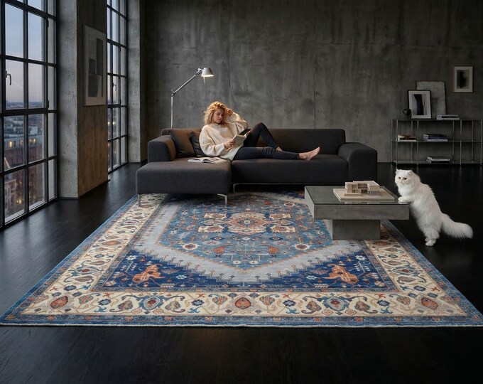 9.0 X 11.7 ft Blue and Beige Floral Handmade ,Heriz Cotton and Wool