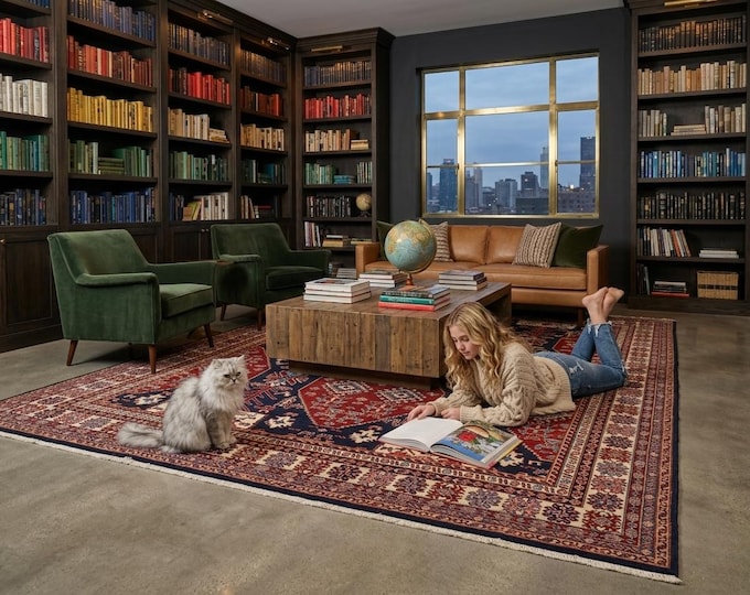 9.0 X 11.6 ft Black and Beige Geomatrical Handmade , Super Kazak Cotton and Wool