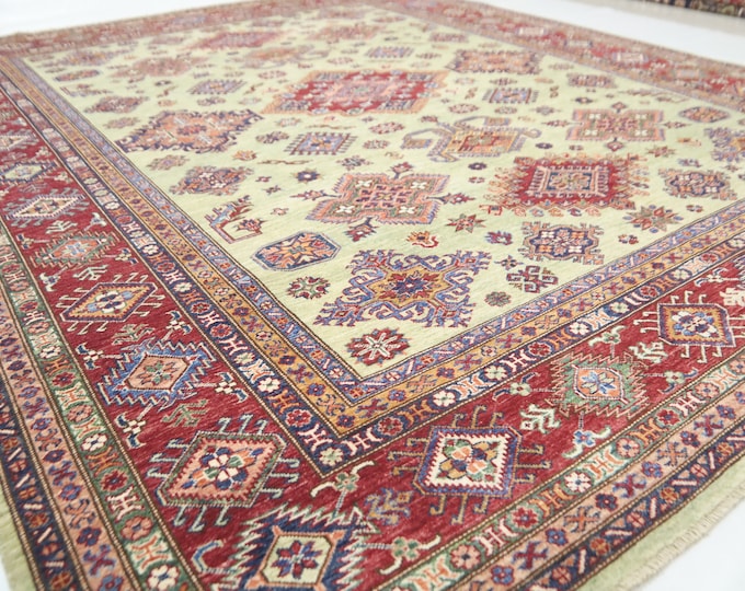 Light Green Kazak Rug – 8x10 Afghan Handmade Wool, Geometric