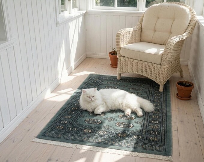 3.2 X 4.11 ft Gray Geomatrical Handmade , Mori Bokhara Cotton and Wool