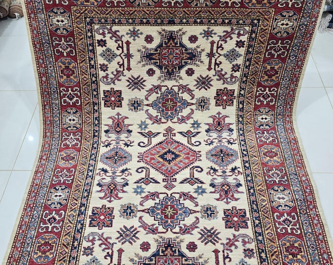 4.5 X 7 ft Handmade Geometrical Super Kazak Rug, Red and Beige, Cotton and Wool