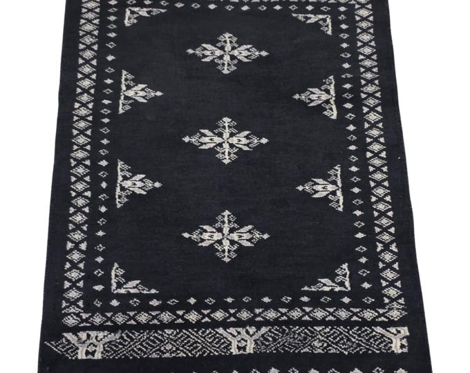 2 X 3 ft Black Geomatrical Handmade, Mori Bokhara Cotton and Wool
