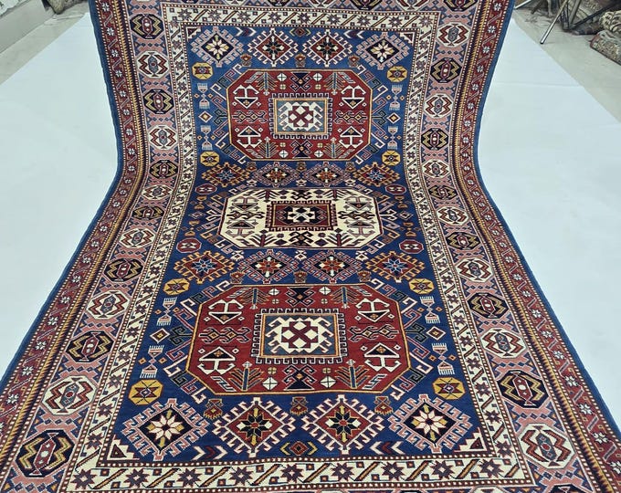 5 X 7 ft Handmade Geometrical Super Kazak Rug, Blue and Pink, Cotton and Wool