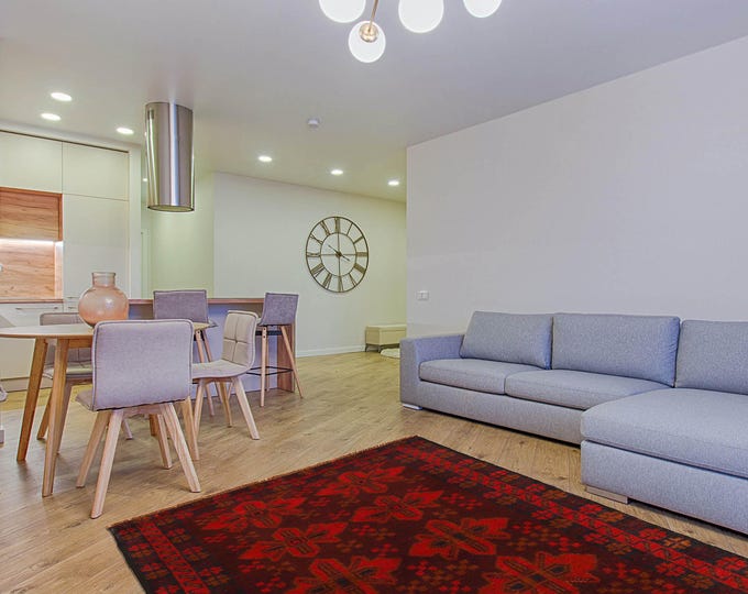 Hand-knotted Baluchi in Red and Orange 2.95 x 4.59 ft