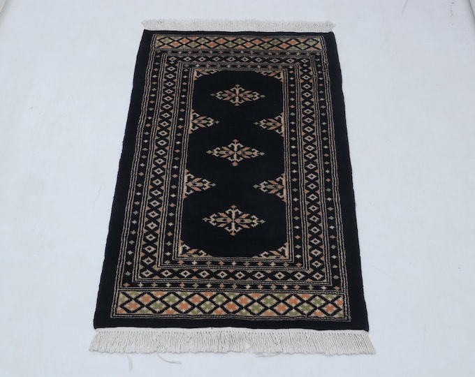 2.1 X 3.3 ft Black Geomatrical Handmade ,Mori Bokhara Cotton and Wool