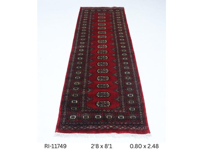 Hand-knotted Mohri Bokhara Cotton and Wool Rug, Geomatrical in Red base and Red border, 2.8 x 8.1 ft