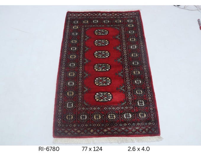 Hand-knotted Mohri Bokhara Cotton and Wool Rug, Geomatrical in Red base and Black border, 2.6 x 4.0 ft