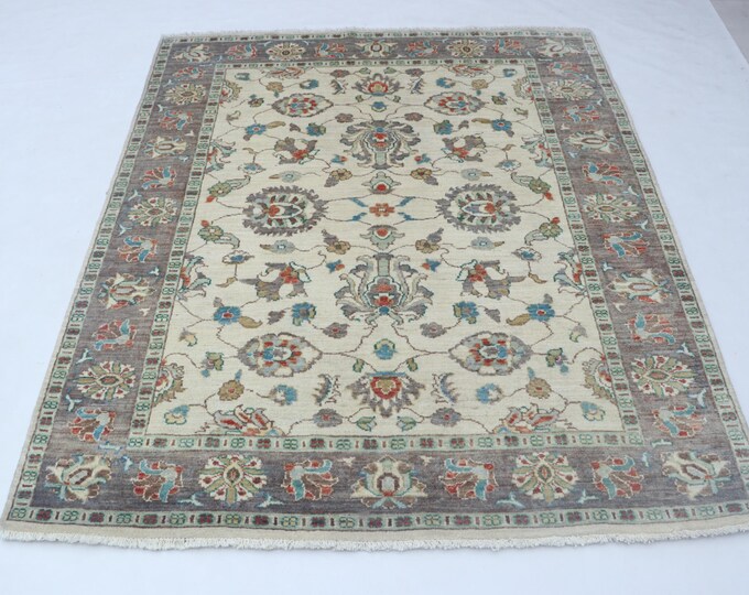5 X 6 Beige and Gray Floral Handmade, Chobi Cotton and Wool