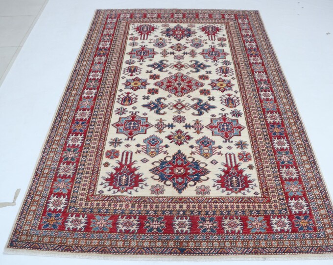 5.5 X 8.3 ft Beige and Red Geomatrical Handmade, Super Kazak Cotton and Wool
