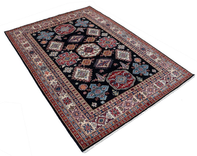 5 X 7 ft Black and Beige and Red Geomatrical Handmade , Super Kazak Cotton and Wool