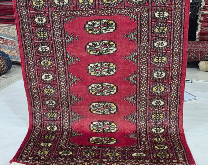 2.5 X 4 ft Red Geometrical Handmade, Mori Bokhara Cotton and Wool