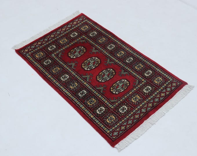 2.0 X 3.2 ft Red Geomatrical Handmade ,Mori Bokhara Cotton and Wool
