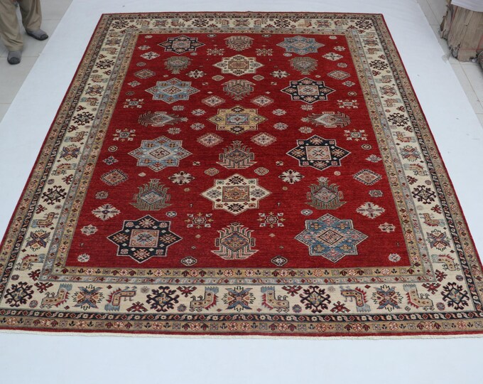 8.1 X 9.8 ft Red and Beige Geomatrical Handmade , Super Kazak Cotton and Wool