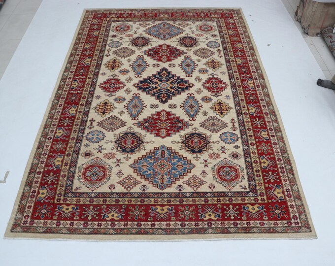 6.7 X 9.10 ft Beige and Red Geomatrical Handmade, Super Kazak Cotton and Wool