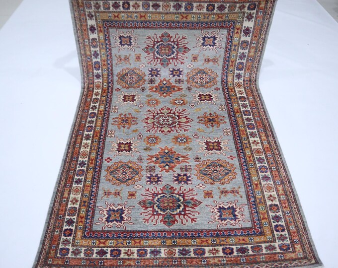 Gray Kazak Rug 4x6 – Hand-Knotted Afghan Wool, Geometric Design