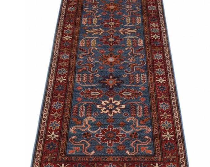 2 X 7 ft Blue and Red Geomatrical Handmade Runner, Super Kazak Cotton and Wool