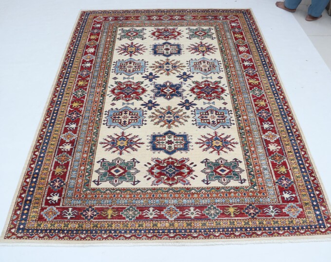 5.6 X 7.7 ft Beige and Red Geomatrical Handmade, Super Kazak Cotton and Wool