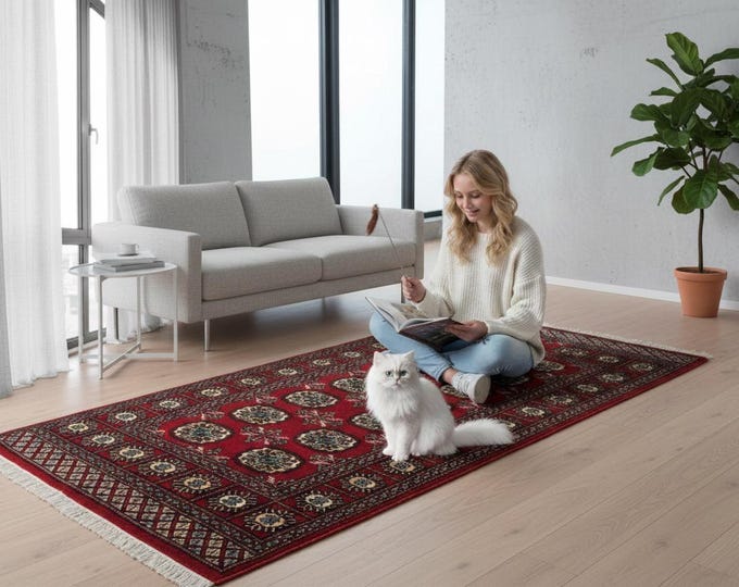 3.0 X 5.1 ft Red Geomatrical Handmade ,Mori Bokhara Cotton and Wool