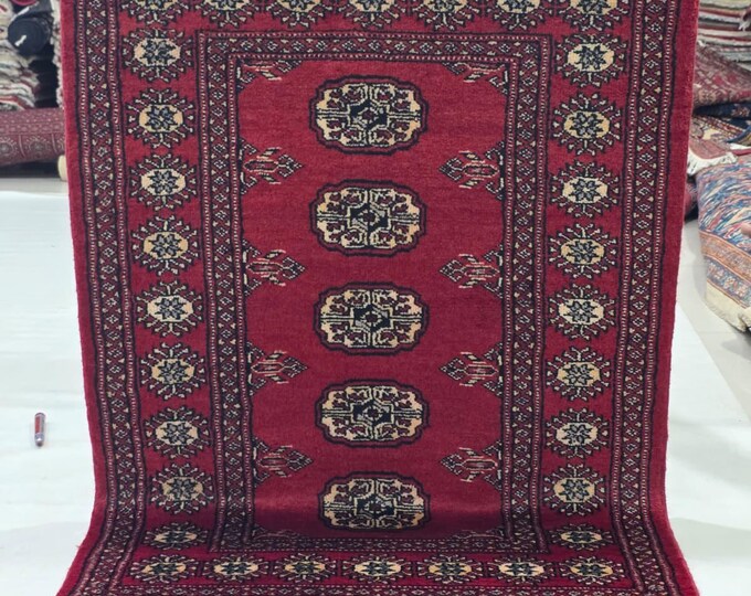 2.5 X 4 ft Red Geometrical Handmade, Mori Bokhara Cotton and Wool