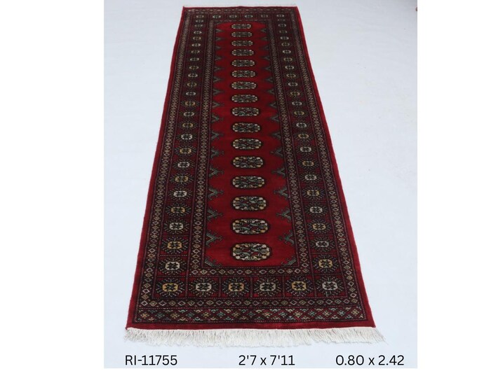 Hand-knotted Mohri Bokhara Cotton and Wool Rug, Geomatrical in Red base and Red border, 2.7 x 7.11 ft