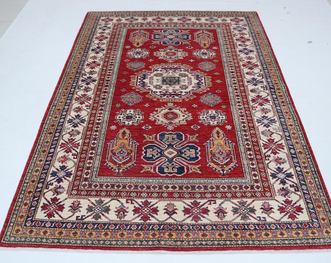 5.6 X 7.9 ft Red and Beige Geomatrical Handmade, Super Kazak Cotton and Wool
