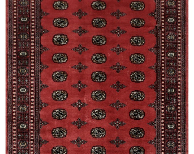 5 X 8 ft Rose/Pink Geometrical Handmade , Mori Bokhara Cotton and Wool