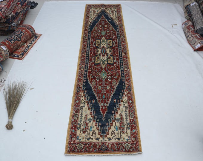 2.8 X 11.5 ft Copper Floral Handmade Runner ,Heriz Cotton and Wool