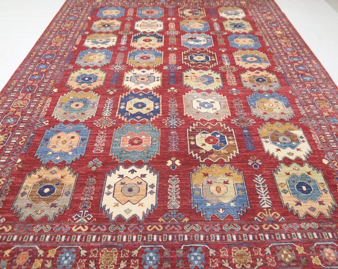 7x10 Red Ersari Rug – Handmade Afghan Wool, Geometric Tribal Design