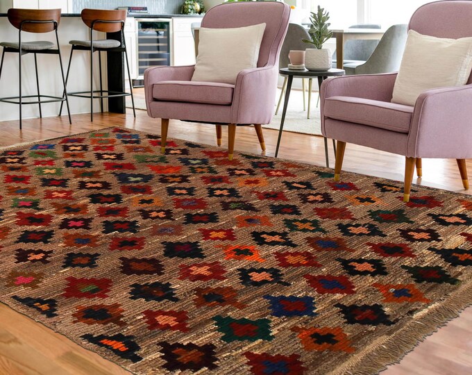 Hand-knotted Baluchi Beige and Rainbow , 3.93 x 6.56 ft