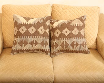 Handmade Cushion Kilim Cover,Geometrical Brown Pillow, Home Decor, 1 X 1 ft