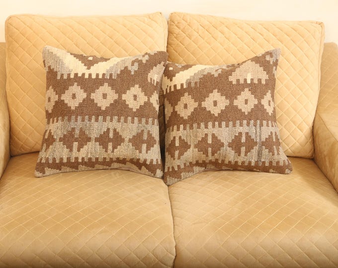Handmade Cushion Kilim Cover,Geometrical Brown Pillow, Home Decor, 1 X 1 ft