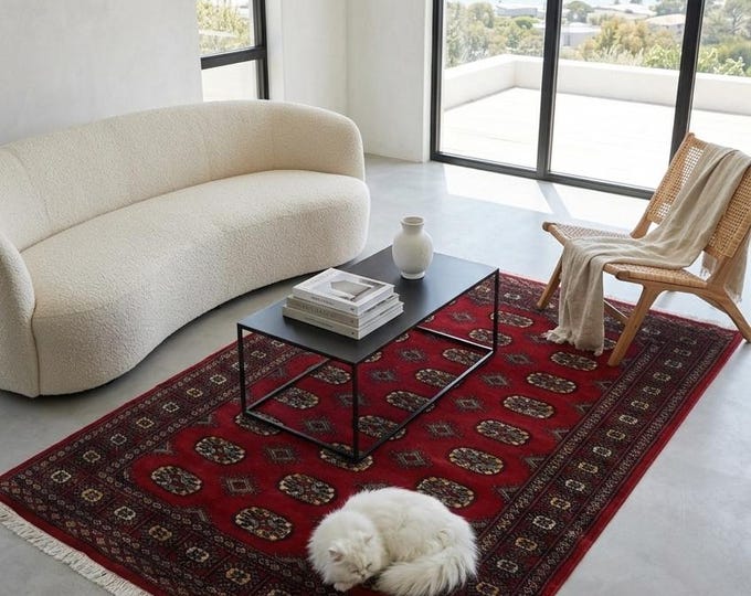 4.1 X 6.3 ft Red Geomatrical Handmade Runner, Mori Bokhara Cotton and Wool