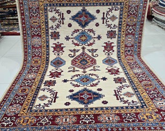 4.5 X 6 ft Handmade Geometrical Super Kazak Rug, Beige and Red, Cotton and Wool