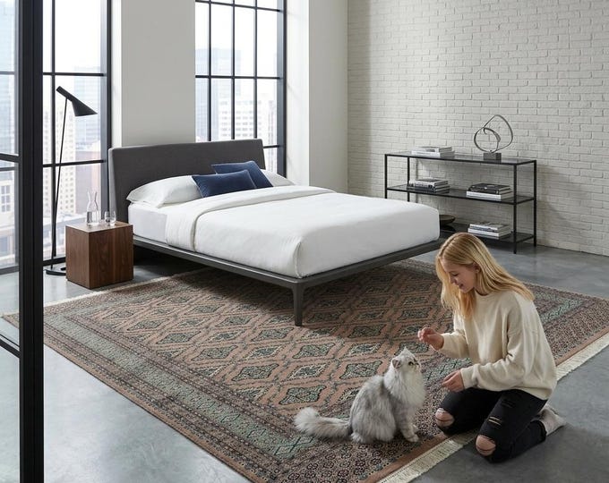 7 X 8 ft Brown and Green Geomatrical Handmade, Fine Jaaldar Cotton and Worsted Wool