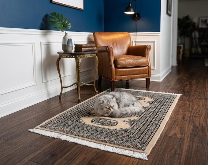 2.2 X 3.4 ft Beige Geomatrical Handmade ,Mori Bokhara Cotton and Wool