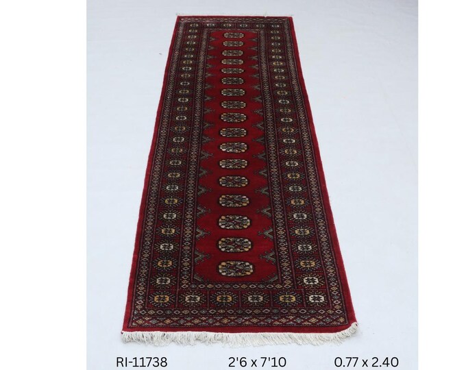 Hand-knotted Mohri Bokhara Cotton and Wool Rug, Geomatrical in Red base and Red border, 2.6 x 7.10 ft