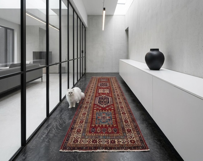 3 X 8 ft Beige and Red Geomatrical Handmade Runner, Super Kazak Cotton and Wool8 X 10