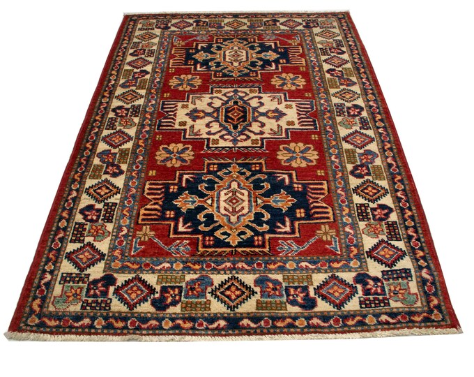 2.11 X 4.3 ft Red and Beige Geomatrical Handmade , Super Kazak Cotton and Wool