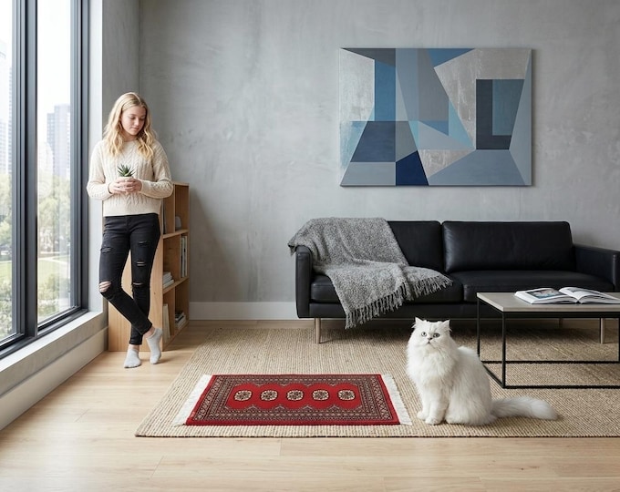 2.0 X 3.0 ft Red Geomatrical Handmade ,Mori Bokhara Cotton and Wool