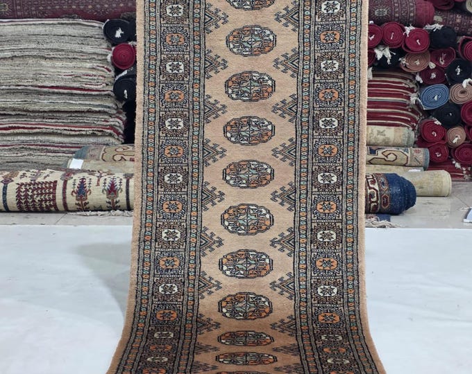 2 X 6 ft Brown Geometrical Handmade Runner, Mori Bokhara Cotton and Wool